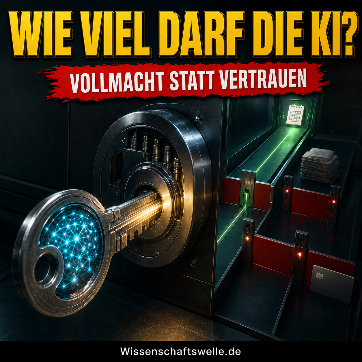 KI-generiertes Symbolbild: Ein digitaler Schlüssel öffnet genau einen grünen Zugang, während weitere Wege rot gesperrt bleiben. Darüber steht: Wie viel darf die KI?
