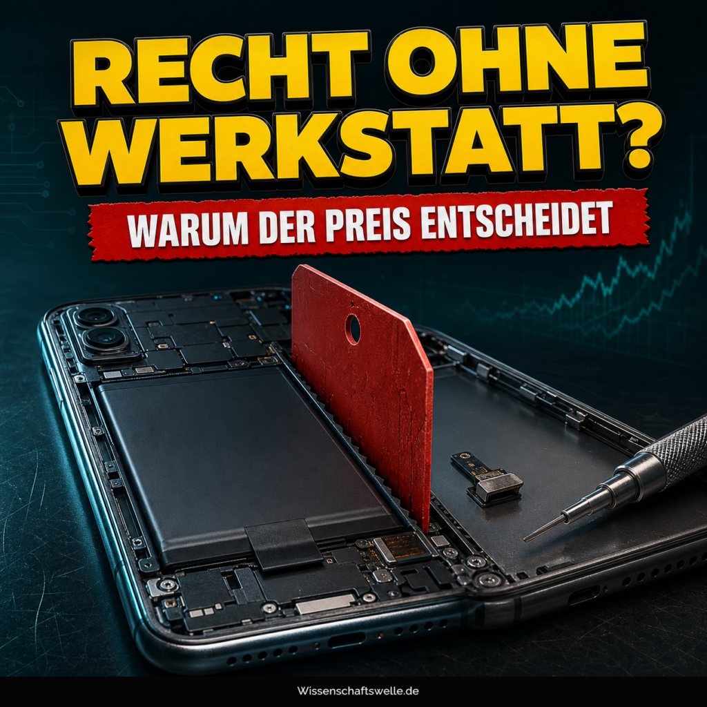 KI-generiertes Symbolbild: Ein geöffnetes Smartphone zeigt einen austauschbaren Akku, doch ein rotes Preisschild blockiert das Reparaturwerkzeug. Darüber steht: Recht ohne Werkstatt?