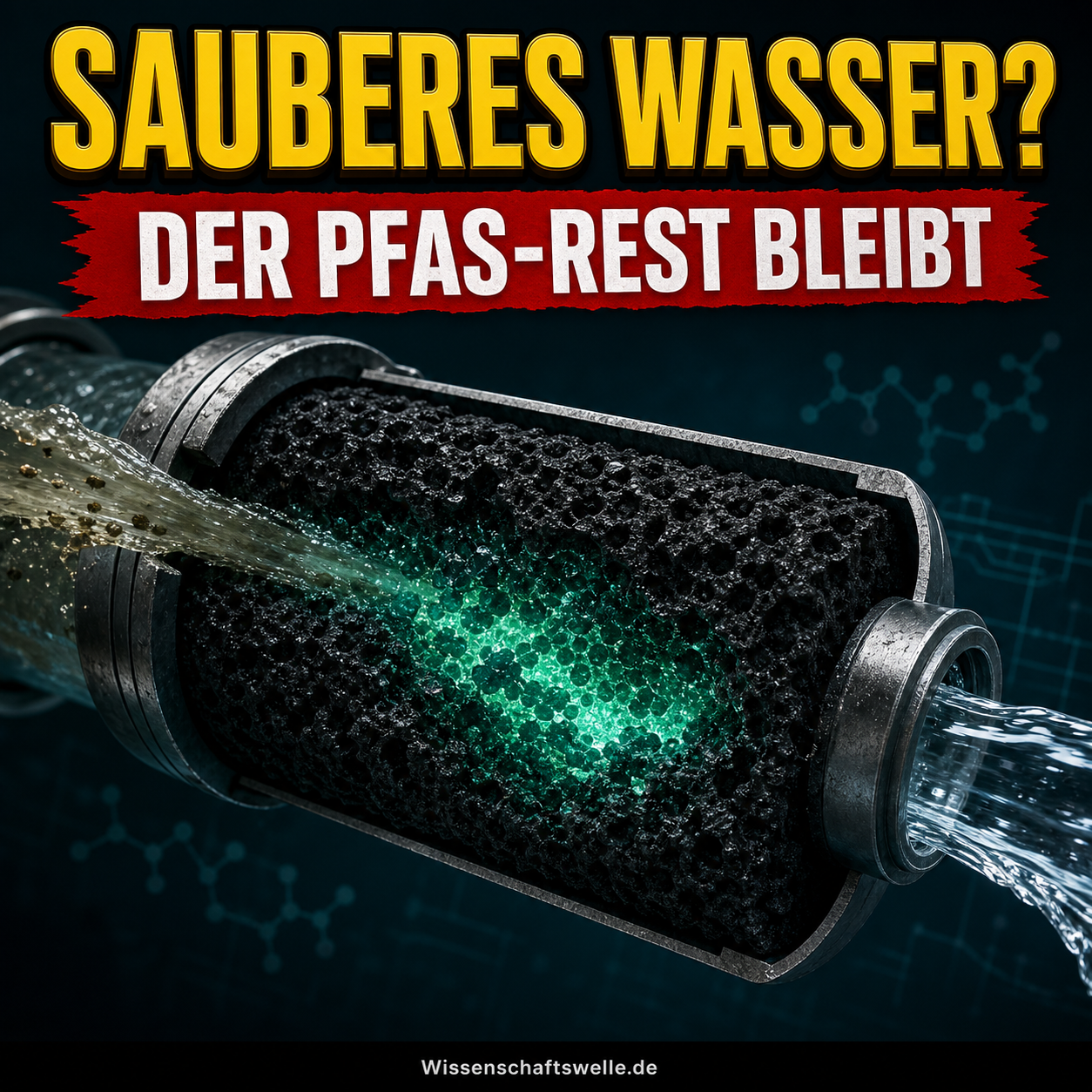 KI-generiertes Symbolbild: Ein aufgeschnittener PFAS-Filter gibt klares Wasser ab, während im Inneren ein konzentrierter Schadstoffrest leuchtet. Darüber steht: Sauberes Wasser?