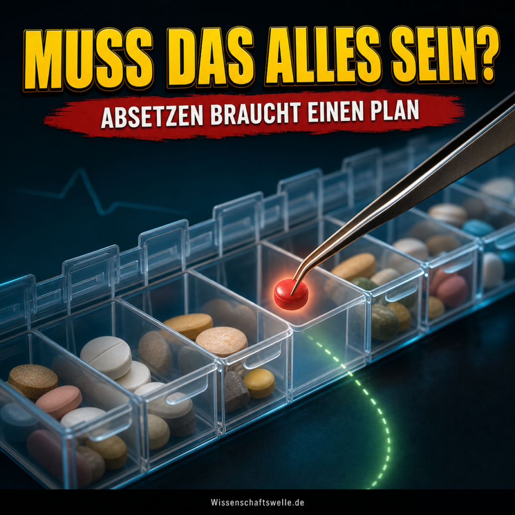 KI-generiertes Symbolbild: Aus einer überfüllten Medikamentenbox wird mit einer Pinzette gezielt eine Tablette gehoben. Darüber steht: Muss das alles sein?