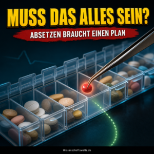 KI-generiertes Symbolbild: Aus einer überfüllten Medikamentenbox wird mit einer Pinzette gezielt eine Tablette gehoben. Darüber steht: Muss das alles sein?