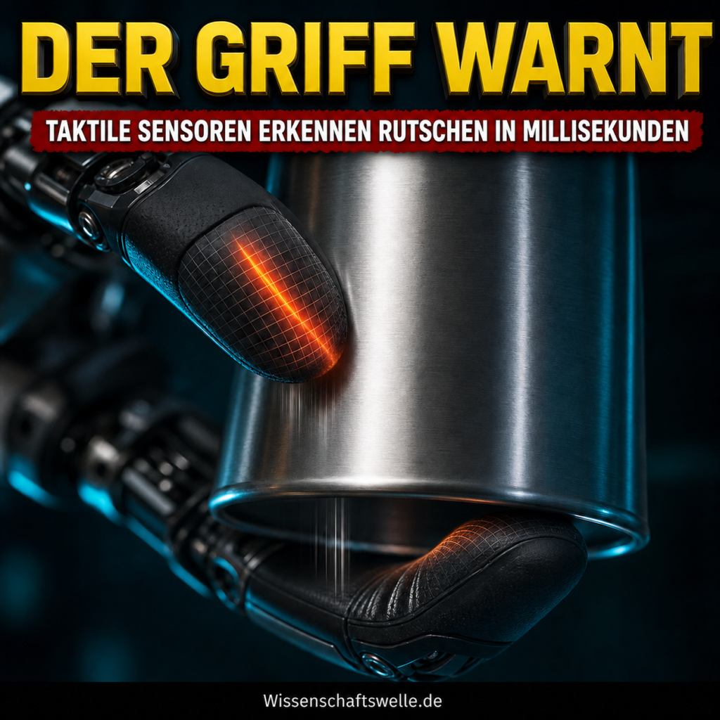 KI-generiertes Symbolbild: Zwei sensorische Roboterfinger fangen den beginnenden Rutschmoment eines glatten Metallbechers ab.