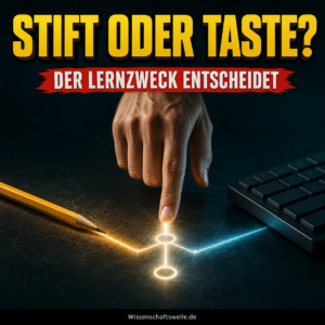 KI-generiertes Symbolbild: Eine Hand entscheidet zwischen einem Stift und einer Tastatur, deren Lichtspuren zu einer gemeinsamen Gedankenstruktur führen.