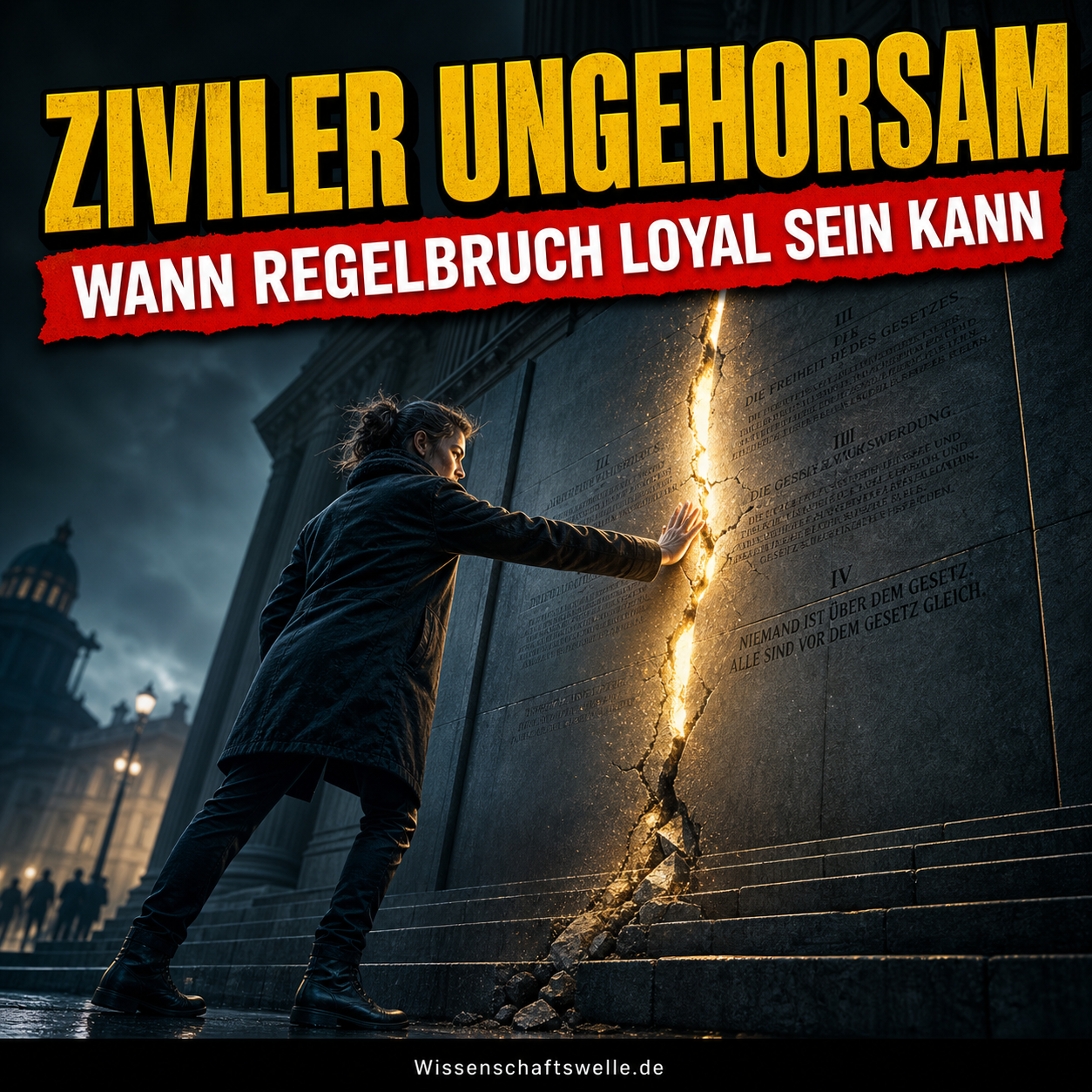 Eine einzelne Protestierende drückt vor einem Gerichtsgebäude die Hand gegen eine aufbrechende Gesetzeswand, aus deren Riss helles Licht austritt.