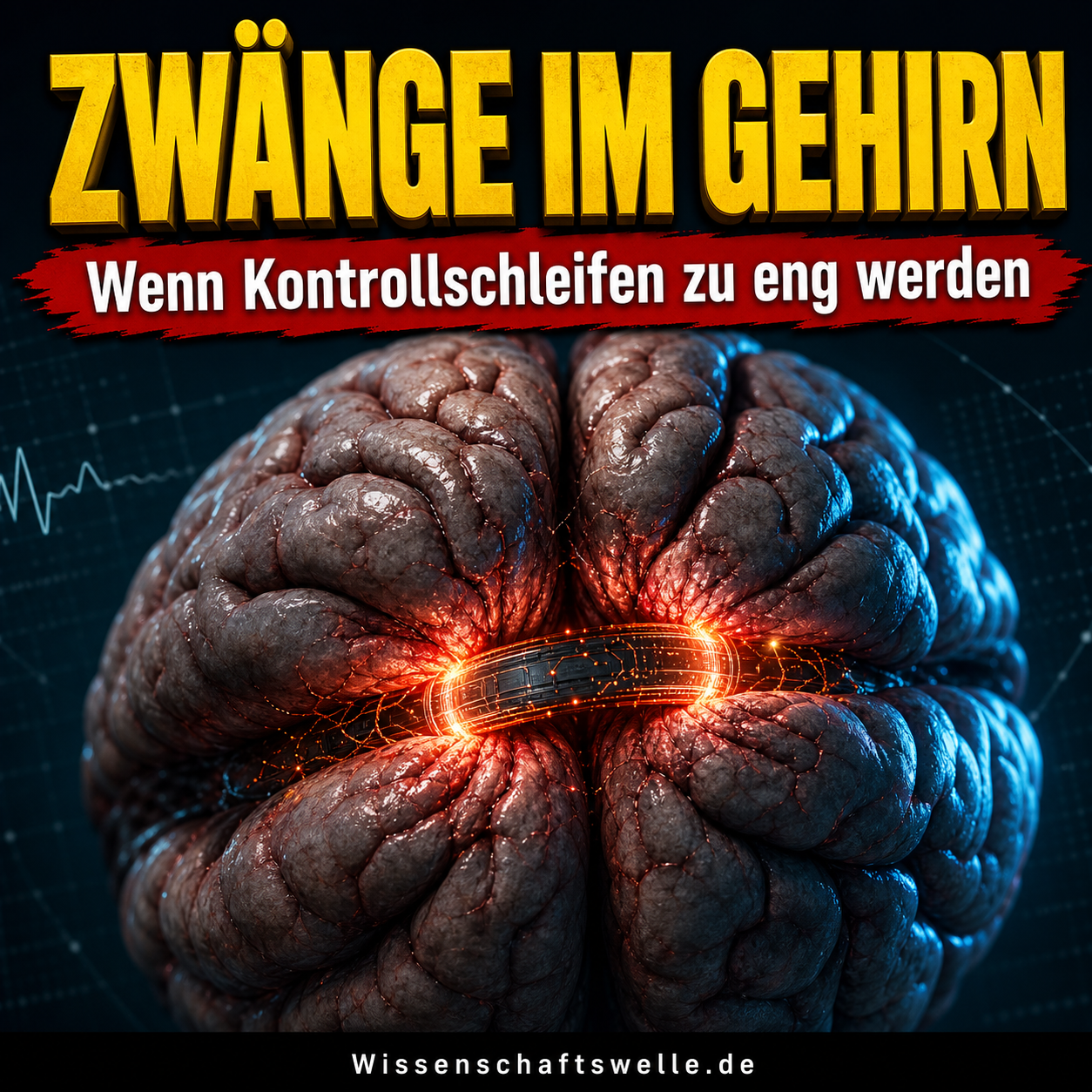 Fotorealistisches Gehirn, dessen leuchtende Kontrollschleife sich im Zentrum wie ein zu enger Ring zusammenzieht.