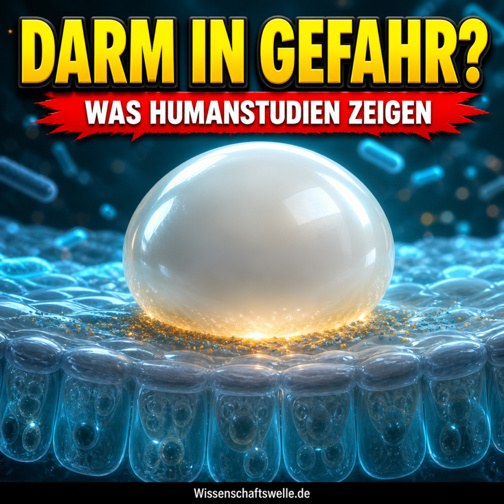KI-generiertes Symbolbild: Eine glänzende Lebensmittelemulsion trifft auf eine vergrößerte, intakte Darmschleimhaut, in der sich mikrobielle Lichtmuster verändern.