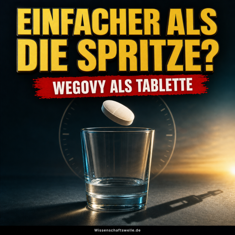 KI-generiertes Symbolbild: Eine einzelne helle Tablette schwebt über einem Wasserglas; ihr Schatten erinnert an einen Injektionspen. Darüber steht: Einfacher als die Spritze?
