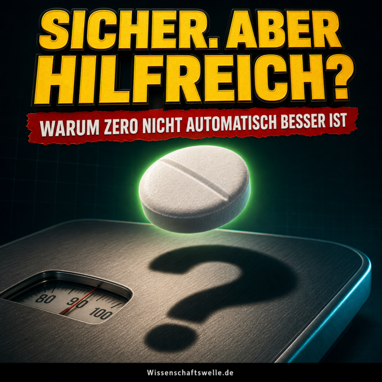 KI-generiertes Symbolbild: Eine leuchtende Süßstofftablette wirft auf einer Waage einen Fragezeichen-Schatten; Aufschrift Sicher, aber hilfreich?