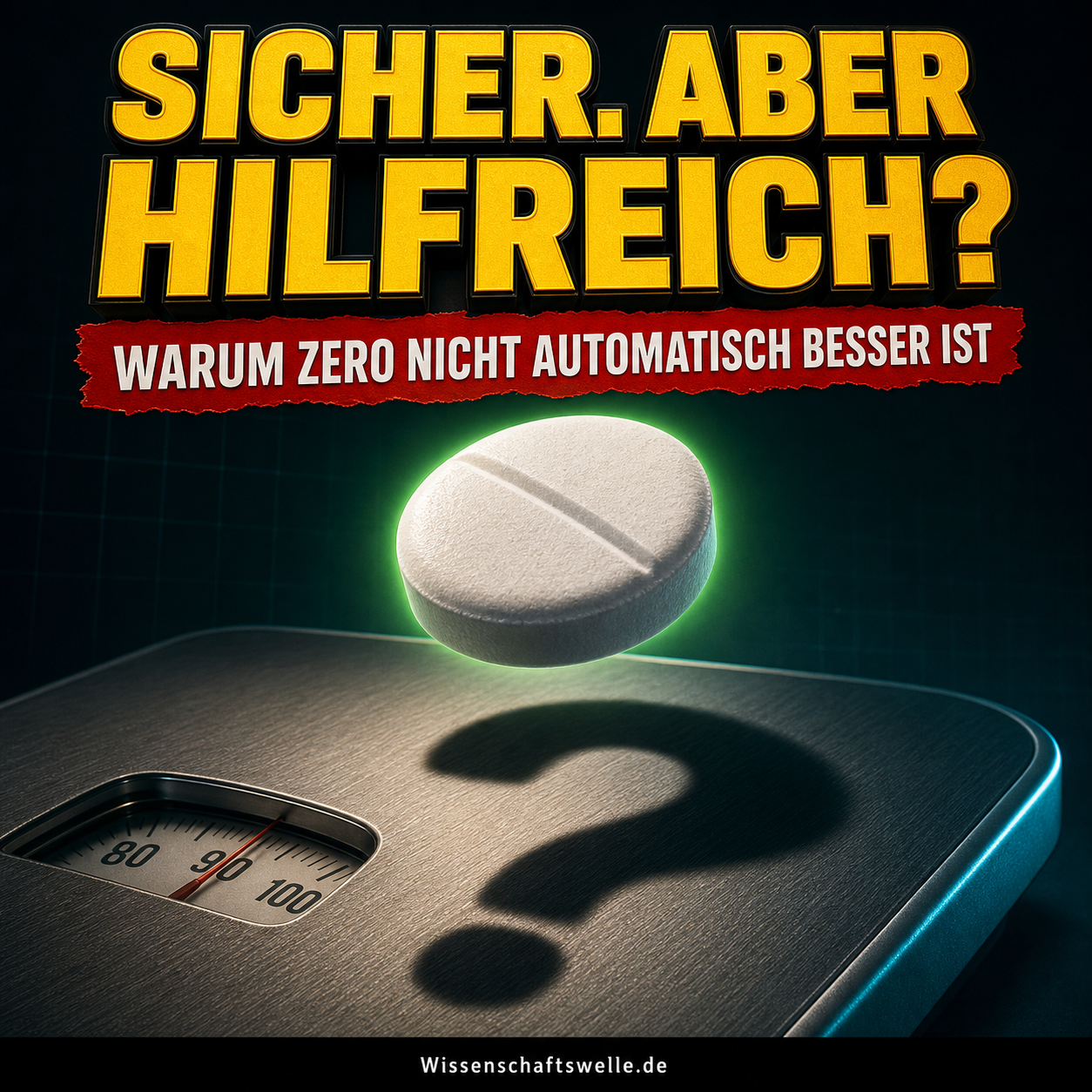 KI-generiertes Symbolbild: Eine leuchtende Süßstofftablette wirft auf einer Waage einen Fragezeichen-Schatten; Aufschrift Sicher, aber hilfreich?
