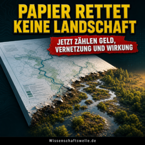 KI-generiertes Symbolbild: Ein EU-Plan verwandelt sich sichtbar in eine vernetzte, lebendige Fluss- und Moorlandschaft.