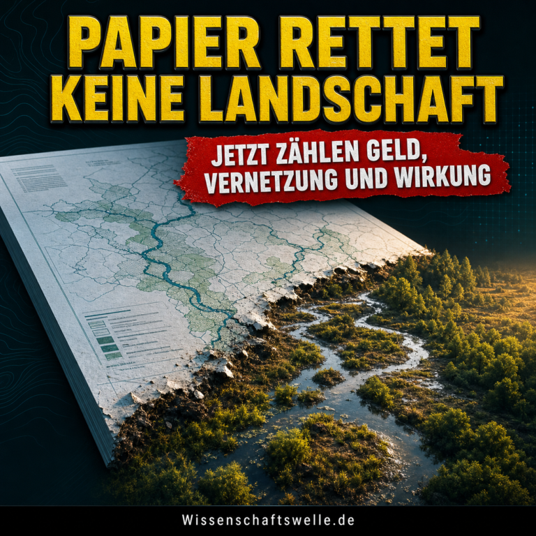 KI-generiertes Symbolbild: Ein EU-Plan verwandelt sich sichtbar in eine vernetzte, lebendige Fluss- und Moorlandschaft.