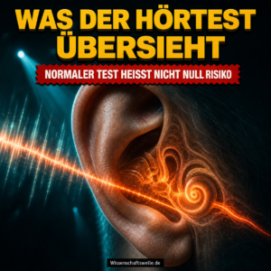 KI-generiertes Symbolbild: Ein leuchtendes Innenohr wird von einer Konzert-Schallwelle durchzogen; gelber Hook und roter Warnbanner erklären die Grenze normaler Hörtests.