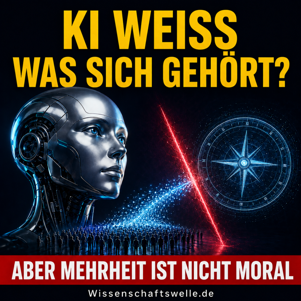 Chromfarbener KI-Kopf vor Menschenmenge und leuchtendem Kompass mit der Frage, ob KI weiß, was sich gehört