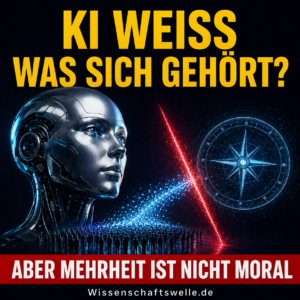 Chromfarbener KI-Kopf vor Menschenmenge und leuchtendem Kompass mit der Frage, ob KI weiß, was sich gehört