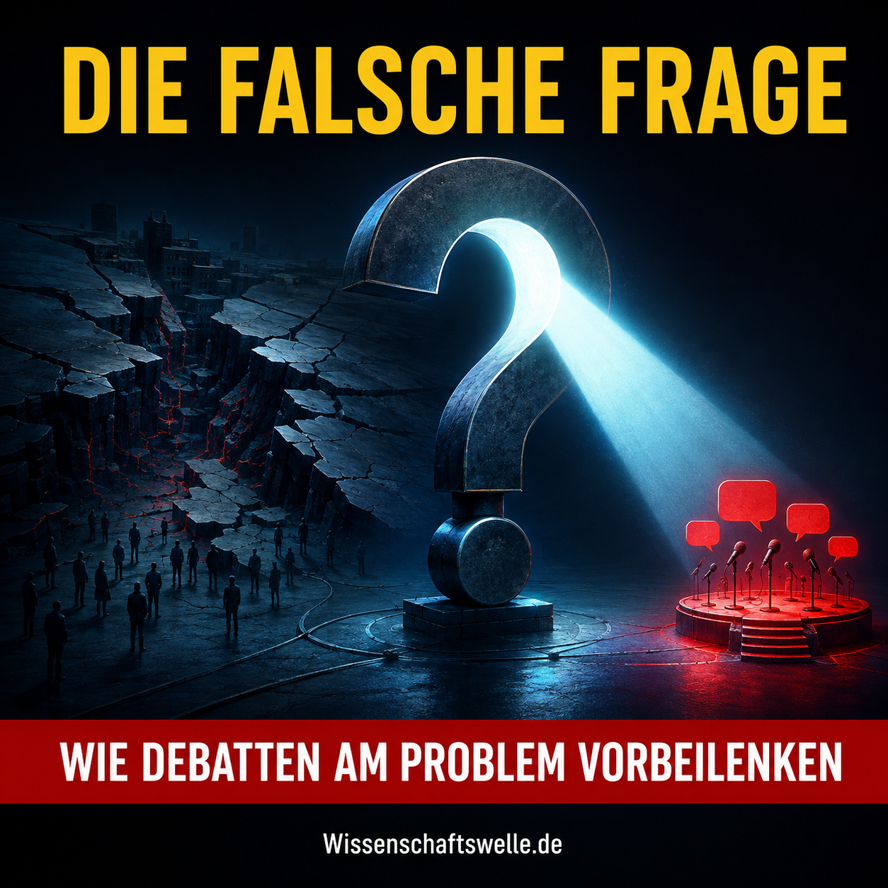 Ein leuchtendes Fragezeichen lenkt den Scheinwerfer von einem verdunkelten gesellschaftlichen Problem weg; Titeltext: Die falsche Frage.