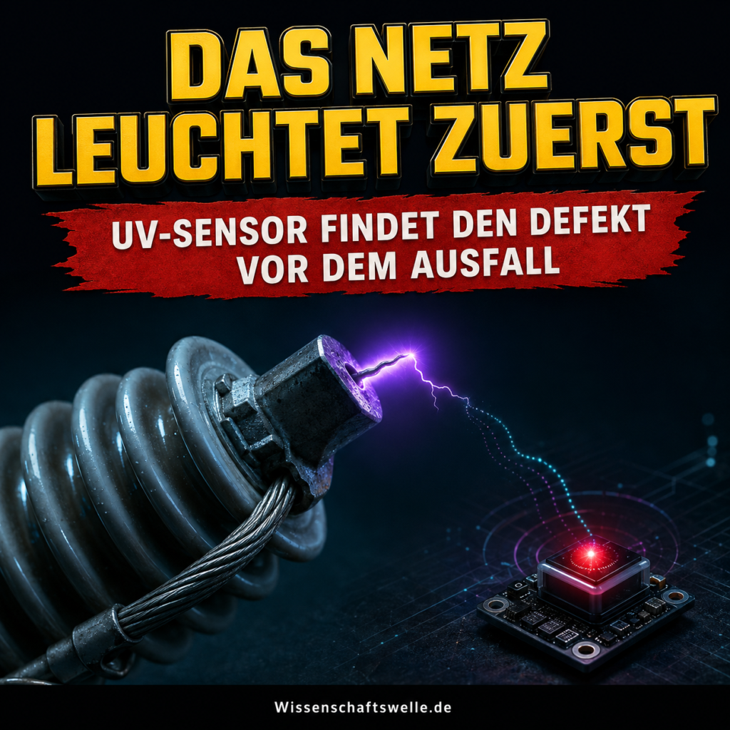 Ein Hochspannungsisolator sendet einen unsichtbaren violetten Koronablitz zu einem leuchtenden Sensorsplitter; Titeltext: Das Netz leuchtet zuerst.