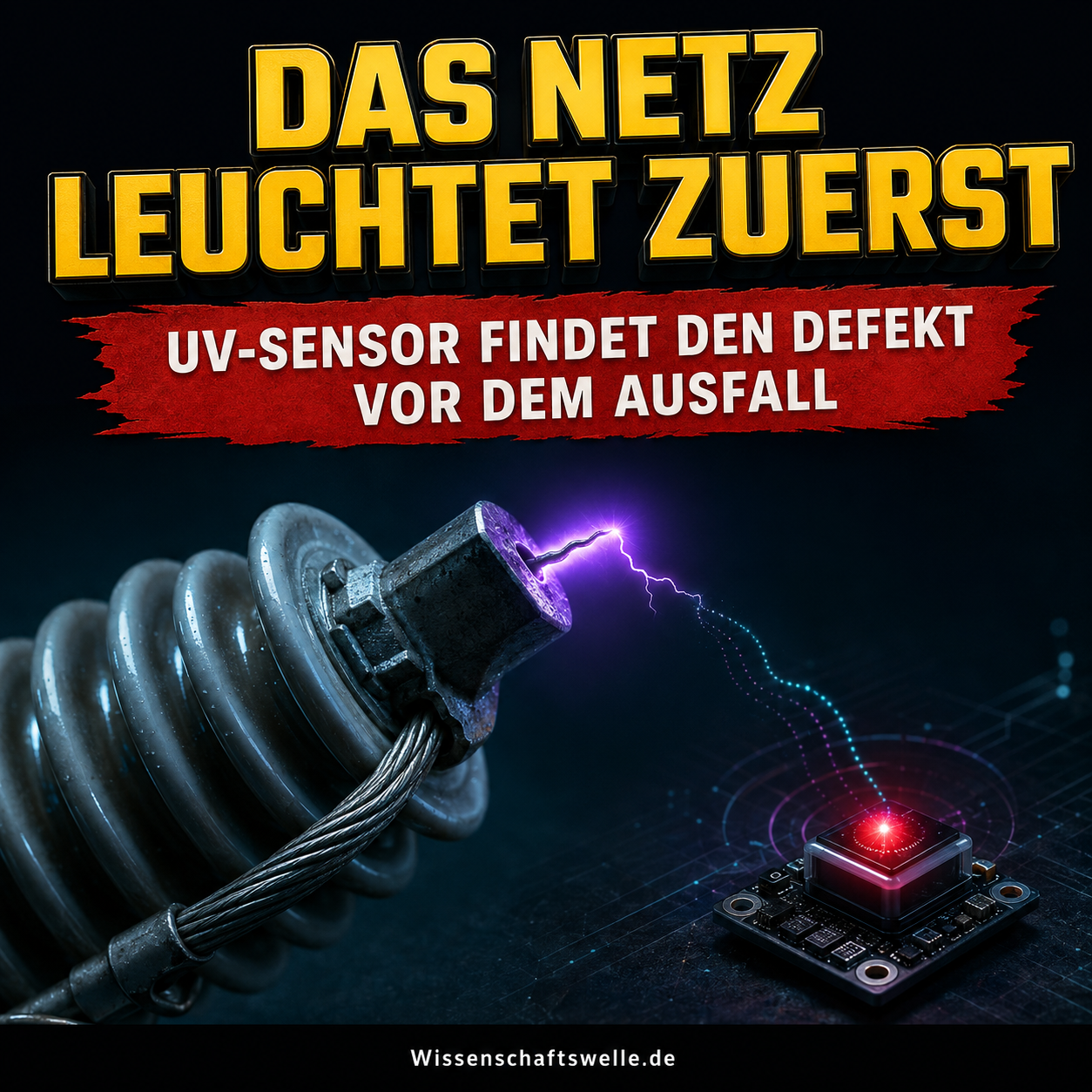 Ein Hochspannungsisolator sendet einen unsichtbaren violetten Koronablitz zu einem leuchtenden Sensorsplitter; Titeltext: Das Netz leuchtet zuerst.