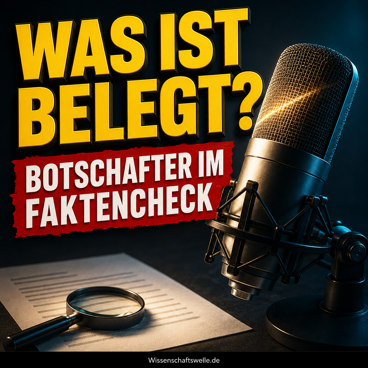 KI-generiertes Symbolbild: Ein Podcast-Mikrofon im Prüflicht, daneben eine Lupe über einem Dokument; Aufschrift Was ist belegt? Botschafter im Faktencheck.