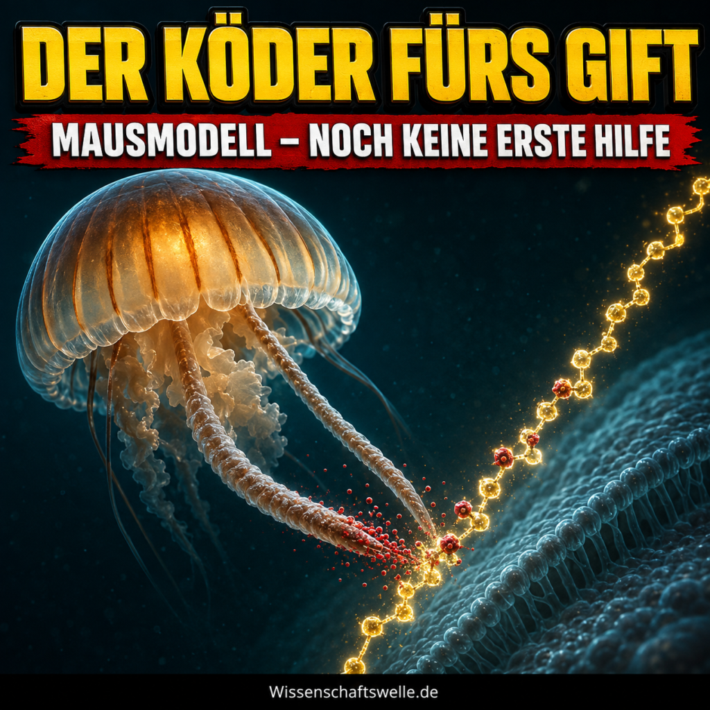 Eine leuchtende Heparin-Kette fängt rote Giftpartikel vor einer großen Sea-Nettle-Qualle ab; Titeltext: Der Köder fürs Gift