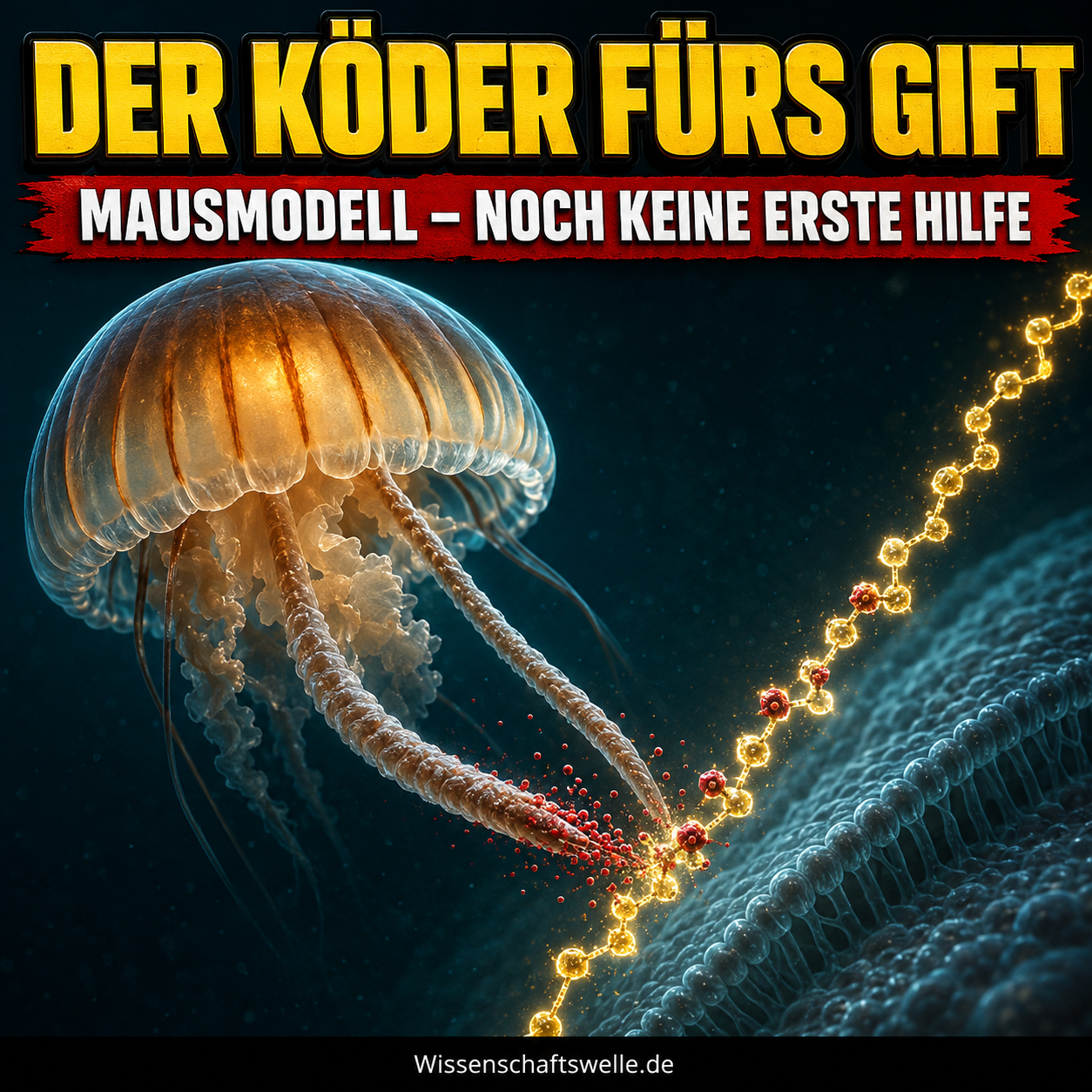 Eine leuchtende Heparin-Kette fängt rote Giftpartikel vor einer großen Sea-Nettle-Qualle ab; Titeltext: Der Köder fürs Gift