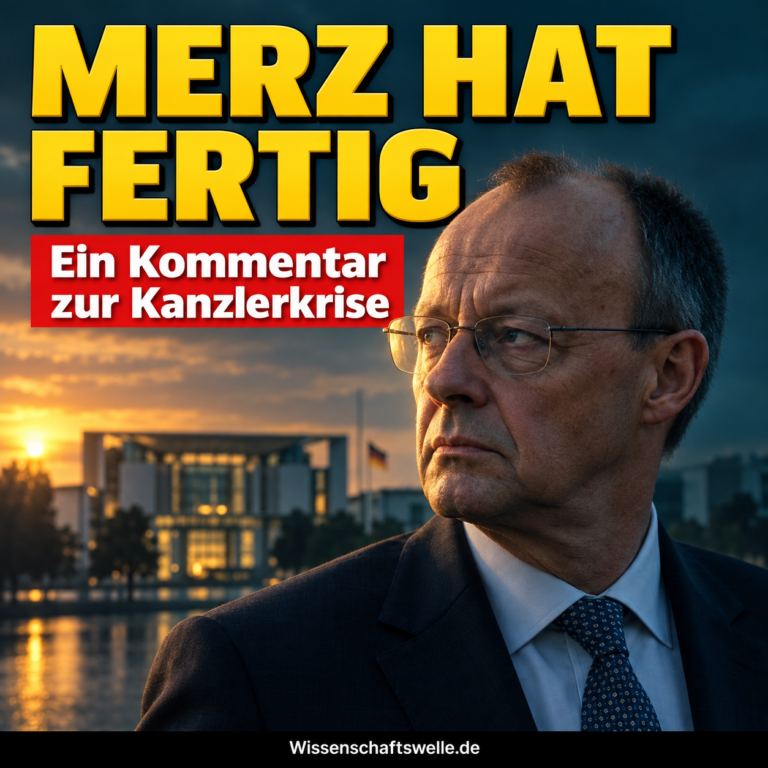 KI-generiertes symbolisches Kommentarcover: Friedrich Merz im Profil vor dem verdunkelten Kanzleramt; gelbe Aufschrift „MERZ HAT FERTIG“, rotes Banner „Ein Kommentar zur Kanzlerkrise“.