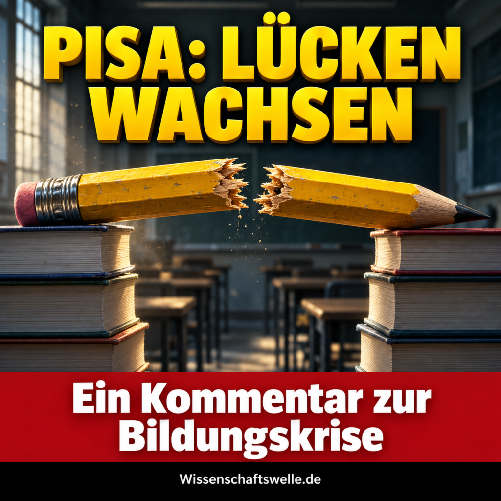 KI-generiertes Symbolbild zur Bildungskrise: Ein abgebrochener großer Bleistift bildet eine unterbrochene Brücke zwischen Schulbüchern. Aufschrift „PISA: LÜCKEN WACHSEN“, Banner „Ein Kommentar zur Bildungskrise“.