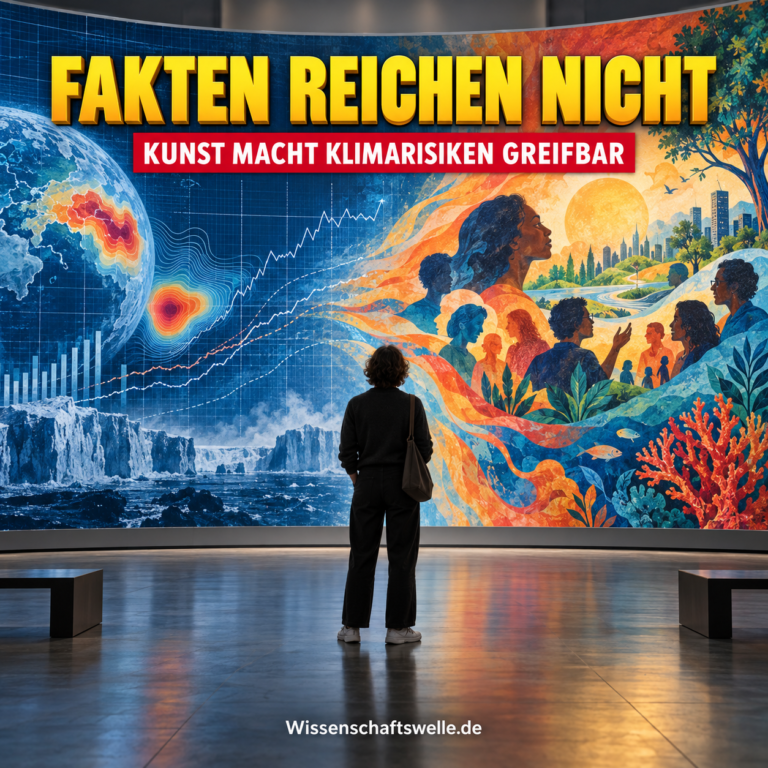 Eine einzelne Person steht vor einer Klimakurve, die sich in ein leuchtendes gemeinschaftliches Wandbild verwandelt; Titeltext: Fakten reichen nicht.