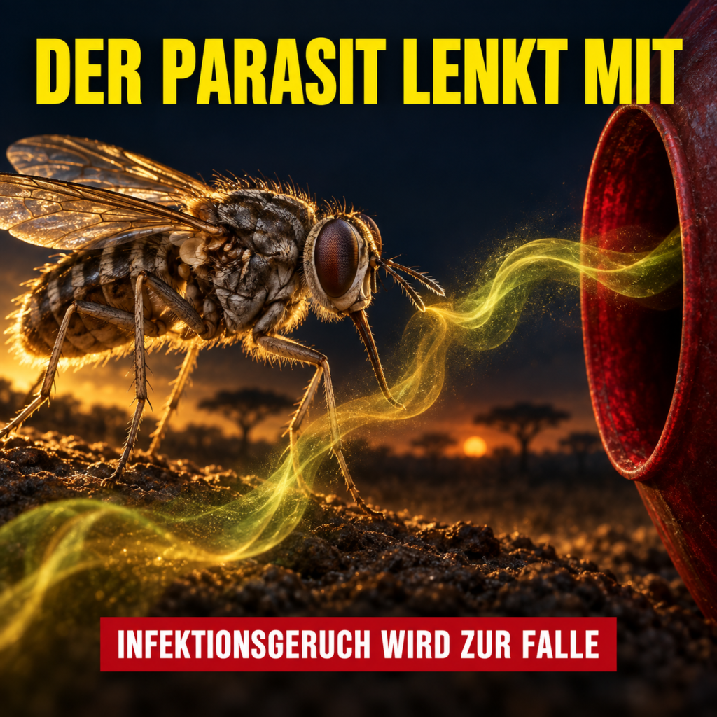 Makroansicht einer Tsetsefliege, die einer leuchtenden Geruchsspur in eine Falle folgt