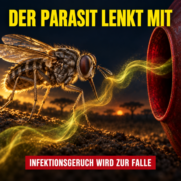 Makroansicht einer Tsetsefliege, die einer leuchtenden Geruchsspur in eine Falle folgt