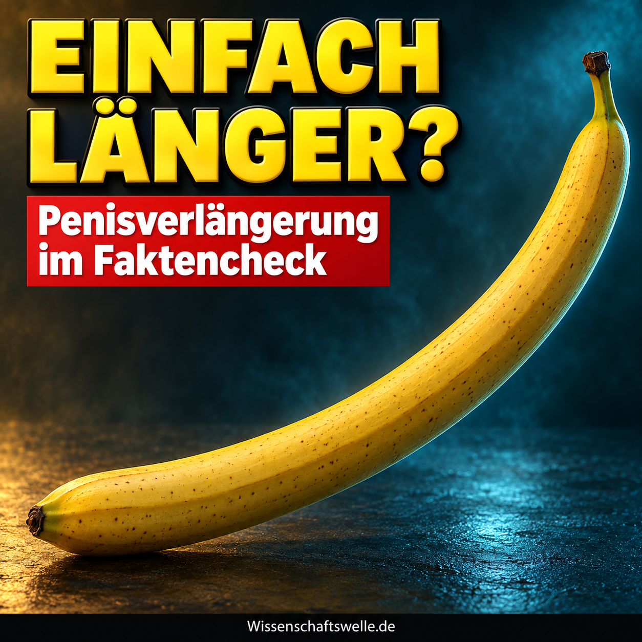 Symbolbild: eine auffällig langgestreckte gelbe Banane vor dunklem Hintergrund. Aufschrift: Einfach länger? Penisverlängerung im Faktencheck.
