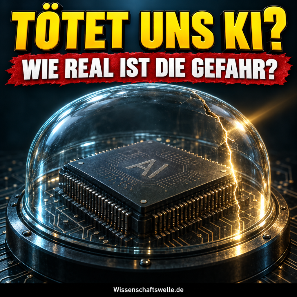 KI-generiertes Symbolbild: Ein leuchtender Prozessor unter einer angerissenen gläsernen Schutzhaube. Gelbe Frage: Tötet uns KI? Rotes Banner: Wie real ist die Gefahr?