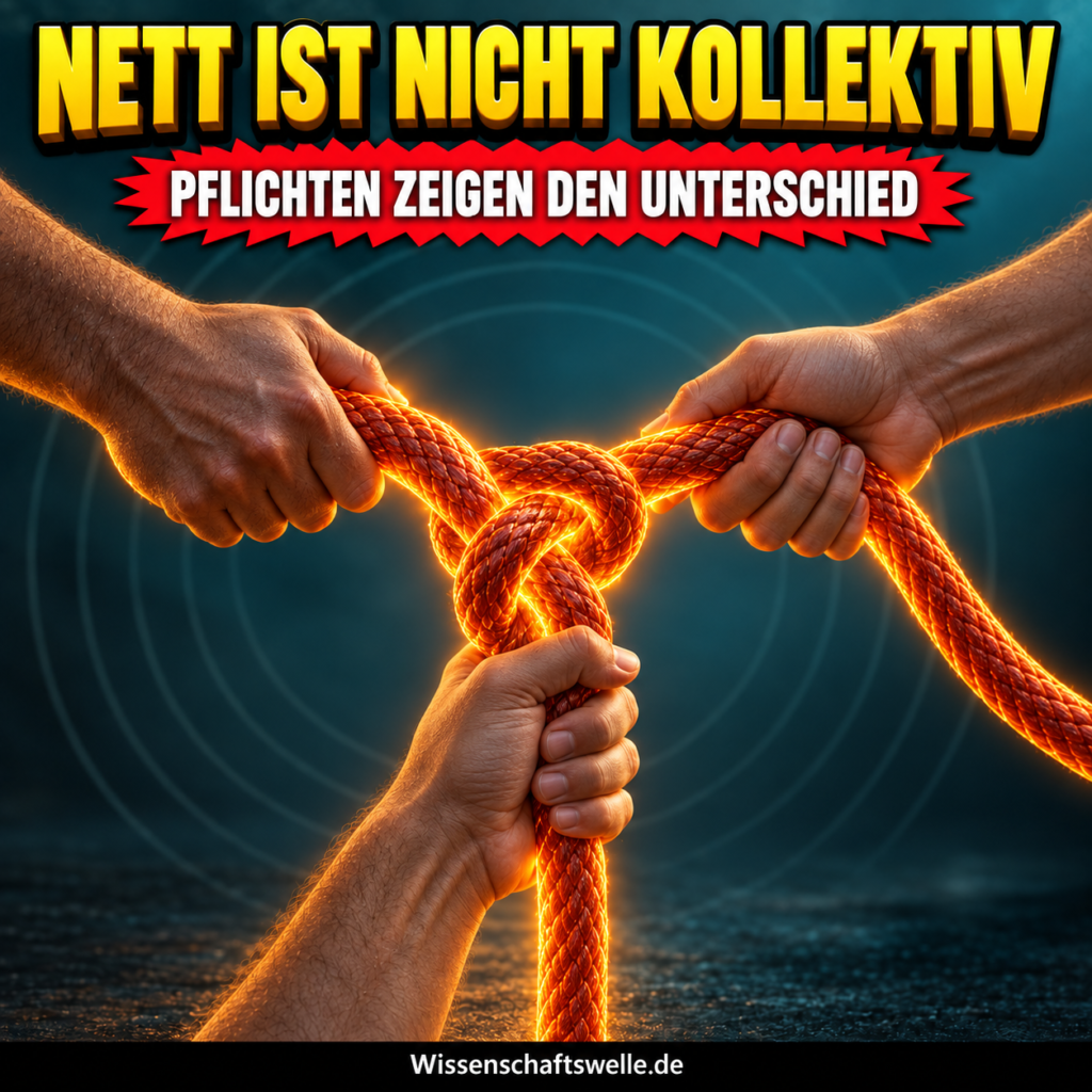 Drei anatomisch klar getrennte Hände halten ein leuchtendes, zentral verknotetes Seil unter der Schlagzeile Nett ist nicht kollektiv.