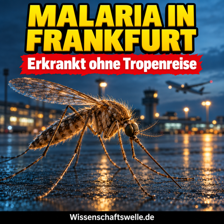 Symbolbild einer stark vergrößerten Anophelesmücke vor unscharfem Flughafenvorfeld. Gelbe Überschrift: MALARIA IN FRANKFURT. Rotes Banner: Erkrankt ohne Tropenreise.