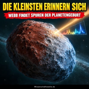 Eine kleine rötlich-vereiste Welt wird von einem Teleskopstrahl sichtbar, darüber steht Die Kleinsten erinnern sich.