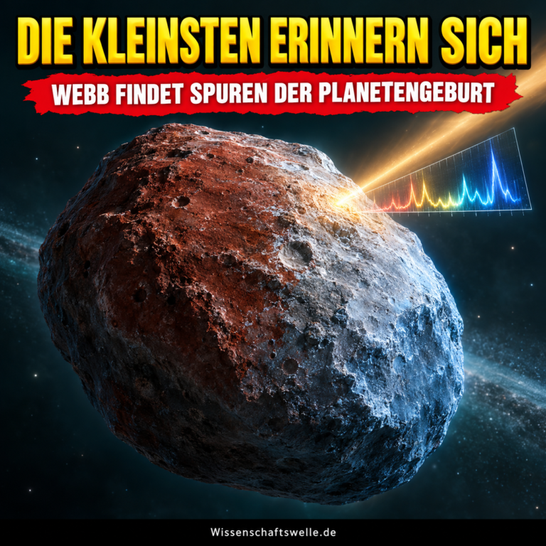 Eine kleine rötlich-vereiste Welt wird von einem Teleskopstrahl sichtbar, darüber steht Die Kleinsten erinnern sich.