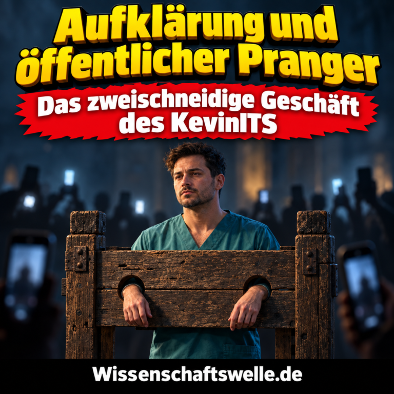 KI-Symbolbild: Ein fiktiver Pfleger in grüner Dienstkleidung steht an einem hölzernen Pranger vor Smartphone-Silhouetten. Keine Darstellung von KevinITS oder eines realen Vorfalls.