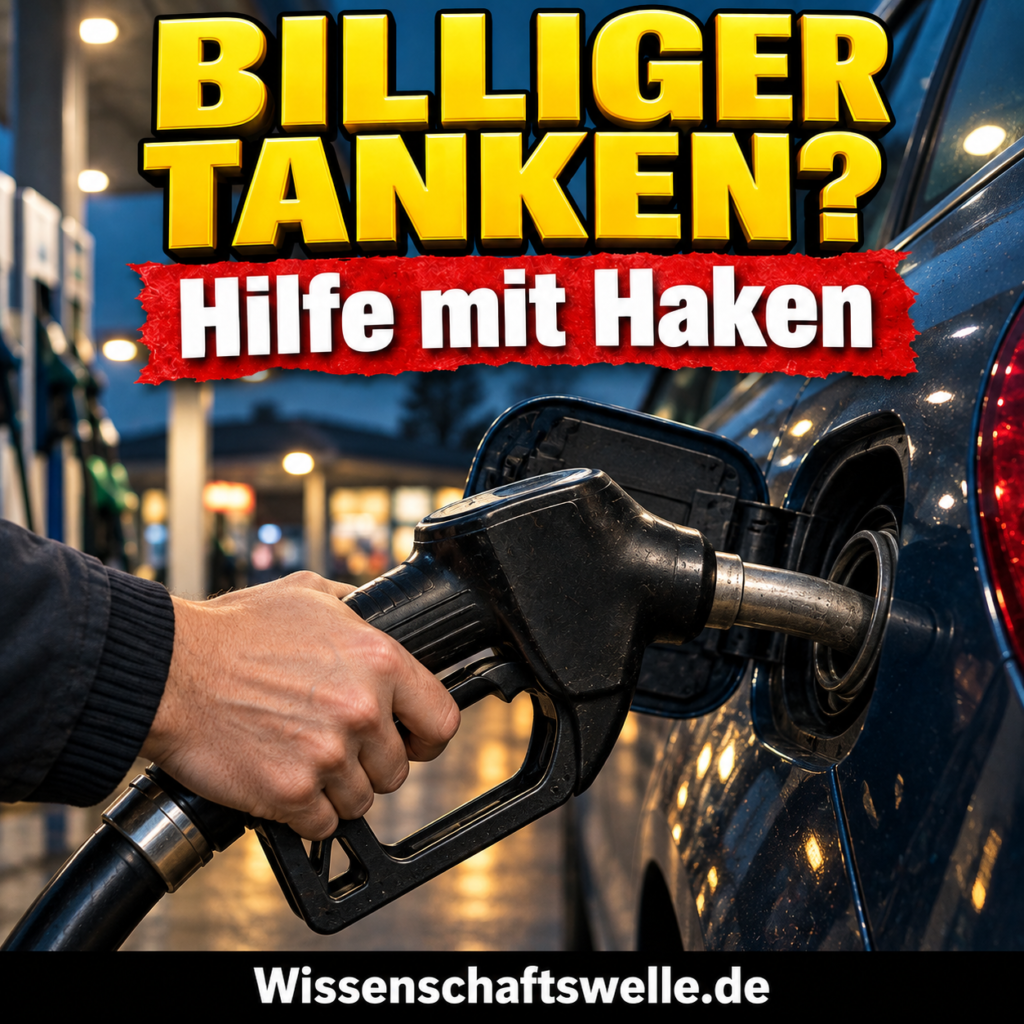 KI-generiertes Symbolbild: Eine Hand hält eine schwarze Zapfpistole im Tankstutzen eines blauen Autos. Gelbe Headline „BILLIGER TANKEN?“, roter Banner „Hilfe mit Haken“.