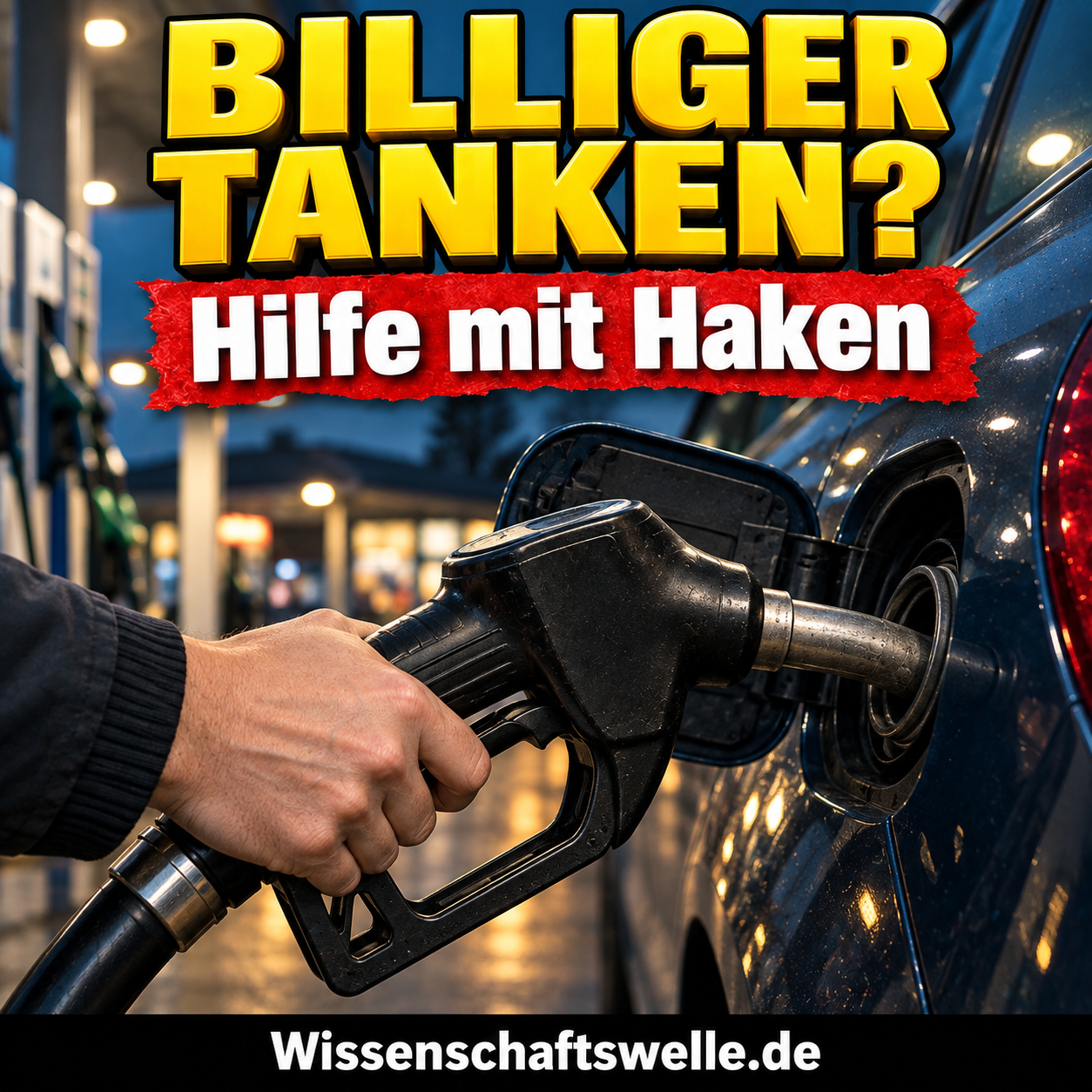 KI-generiertes Symbolbild: Eine Hand hält eine schwarze Zapfpistole im Tankstutzen eines blauen Autos. Gelbe Headline „BILLIGER TANKEN?“, roter Banner „Hilfe mit Haken“.