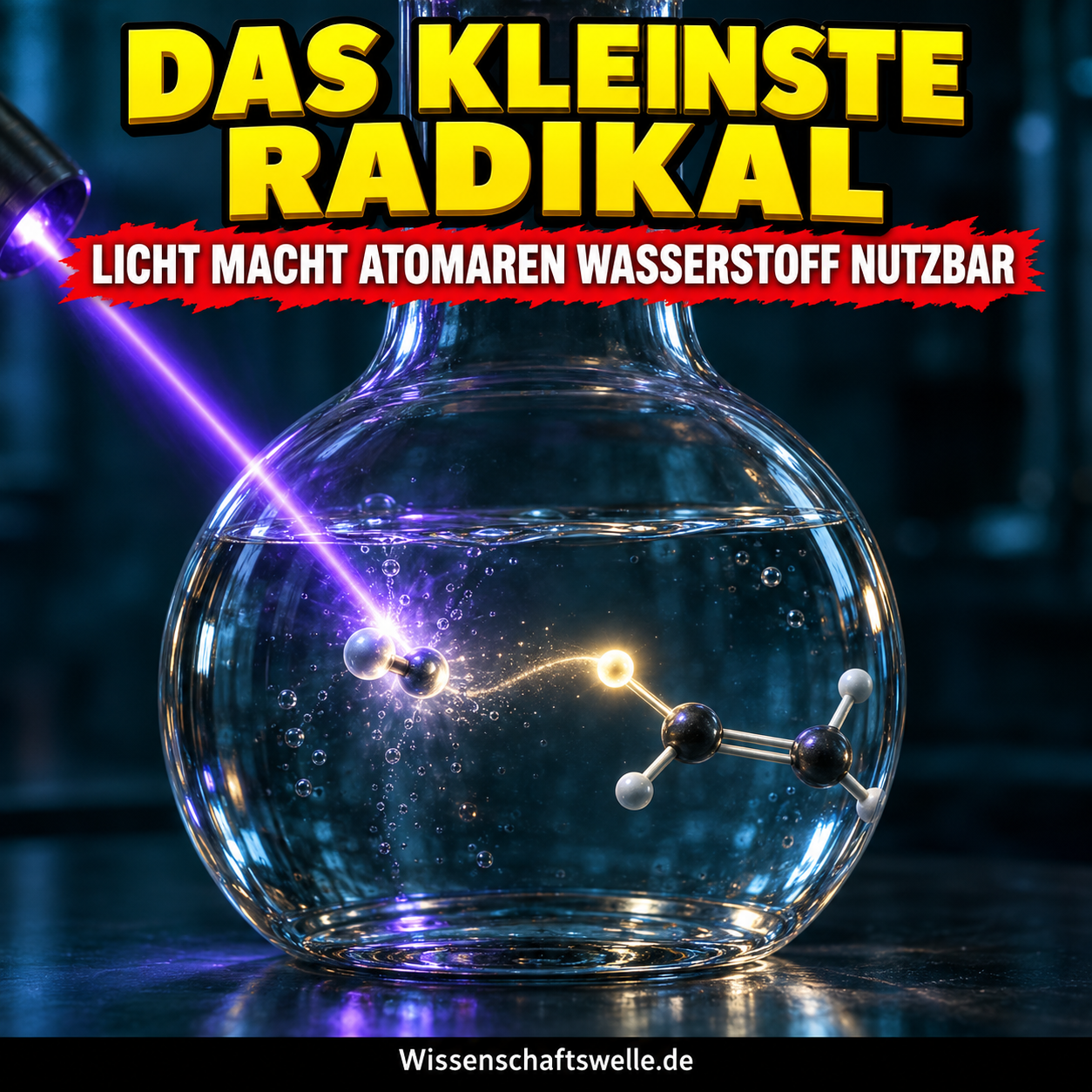 Violettes Licht setzt in einem dunklen Laborkolben ein einzelnes leuchtendes Wasserstoffatom frei; darüber steht Das kleinste Radikal.