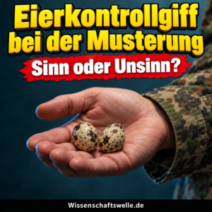 Symbolbild: Eine Hand mit Tarnuniformärmel hält zwei gesprenkelte Wachteleier. Aufschrift: Eierkontrollgiff bei der Musterung; Sinn oder Unsinn?