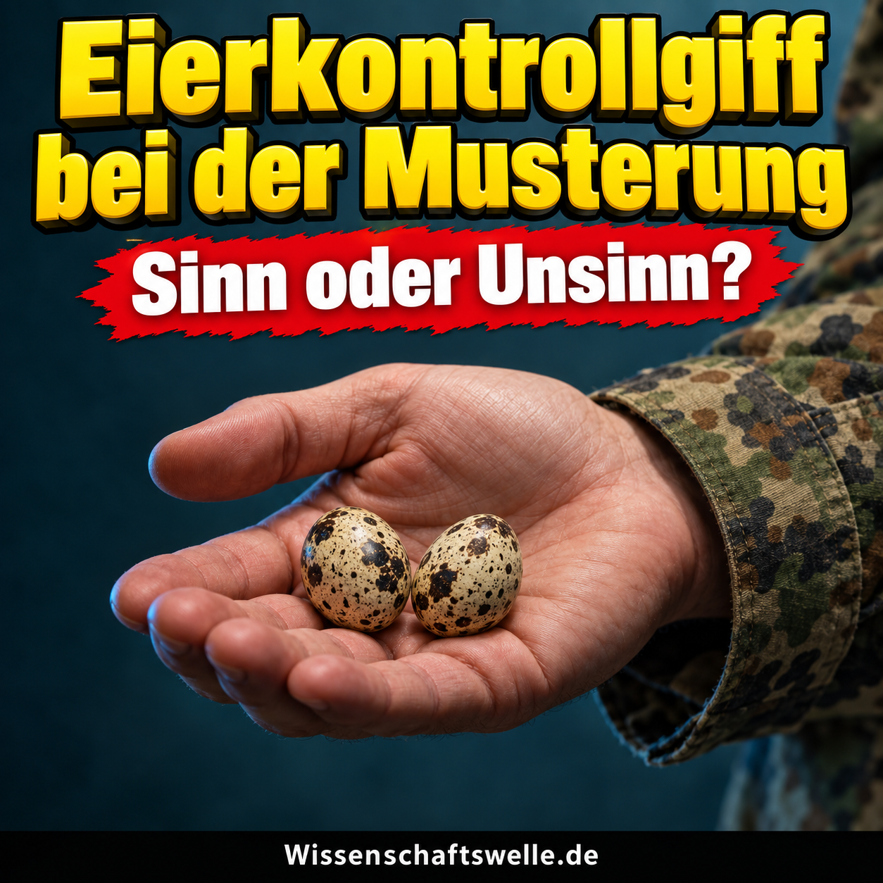 Symbolbild: Eine Hand mit Tarnuniformärmel hält zwei gesprenkelte Wachteleier. Aufschrift: Eierkontrollgiff bei der Musterung; Sinn oder Unsinn?