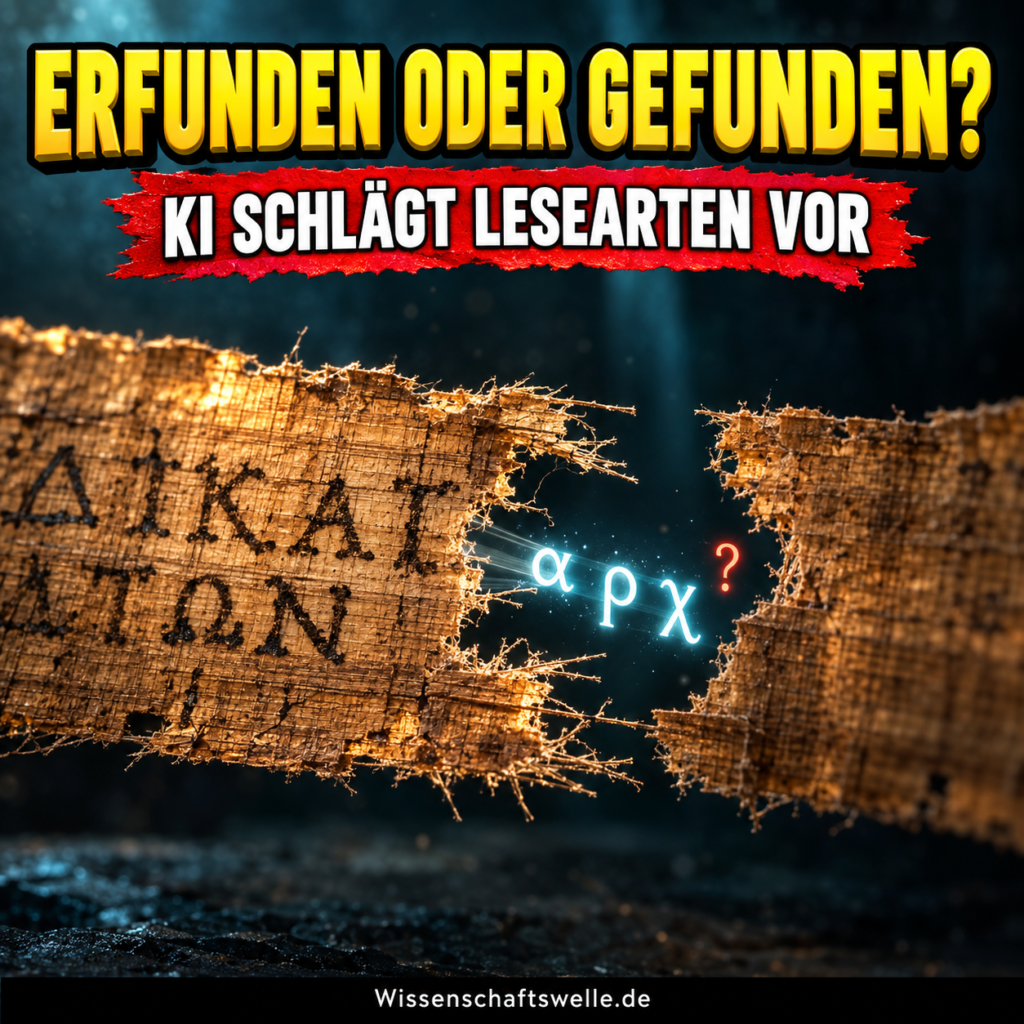 Aufgerissener Papyrus mit leuchtenden griechischen Buchstaben in einer Textlücke und der Frage Erfunden oder gefunden?