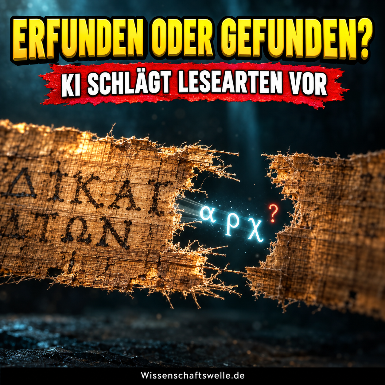 Aufgerissener Papyrus mit leuchtenden griechischen Buchstaben in einer Textlücke und der Frage Erfunden oder gefunden?