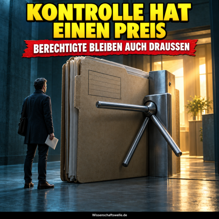 Ein übergroßer Aktenordner wird zum Drehkreuz und blockiert eine Person; darüber steht Kontrolle hat einen Preis.