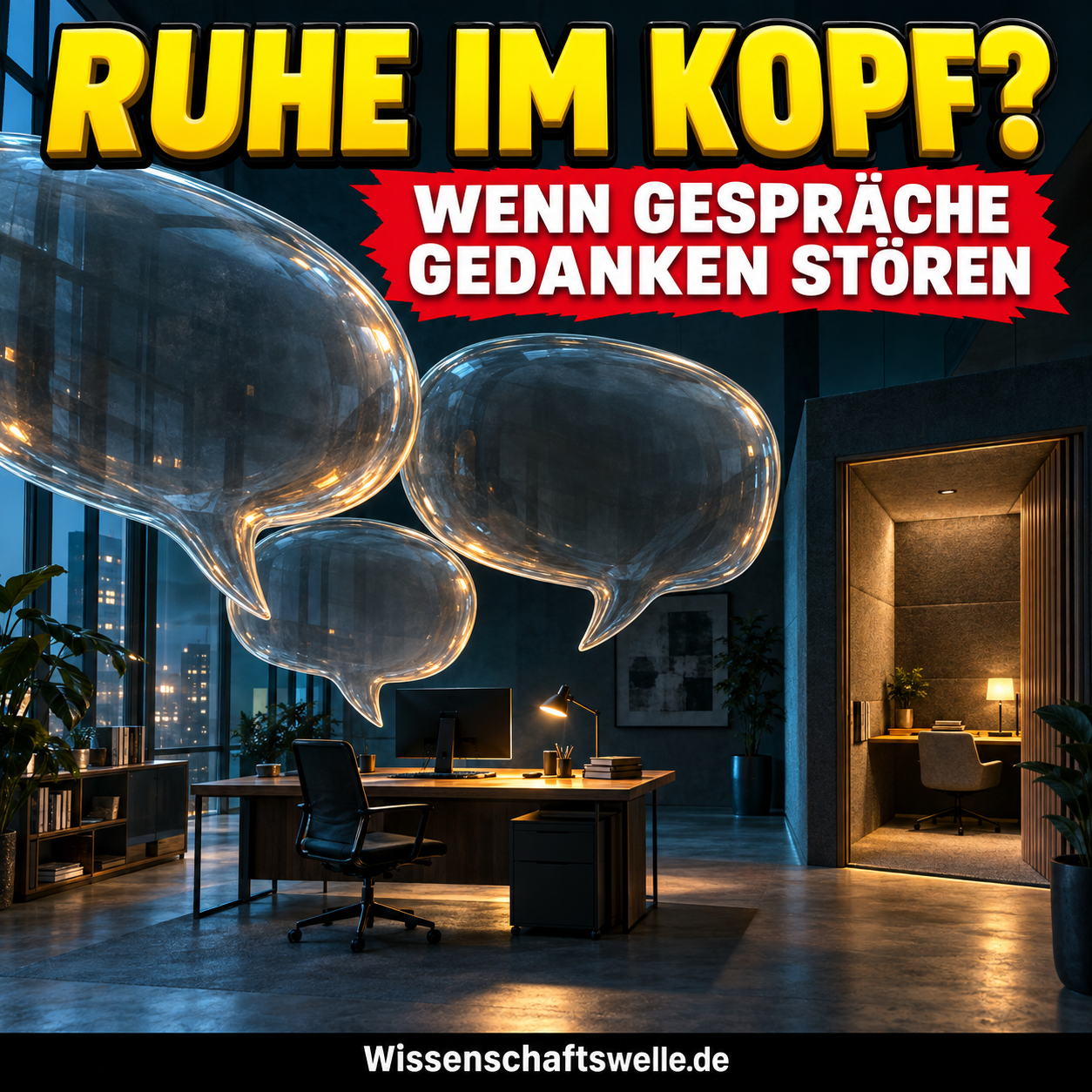 KI-generiertes Symbolbild: Ein Bürotisch unter übergroßen Sprechblasen, daneben eine geschützte ruhige Arbeitsnische. Bildtext: Ruhe im Kopf? Wenn Gespräche Gedanken stören.
