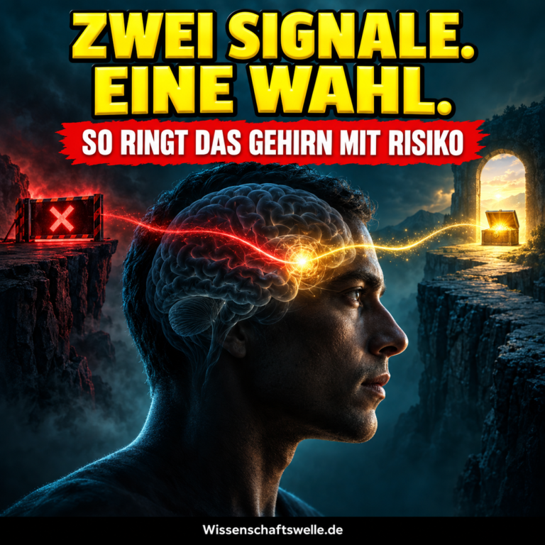 KI-generiertes Symbolbild eines Kopfprofils mit gegensinnigen roten und goldenen Signalen vor einer riskanten Entscheidung.