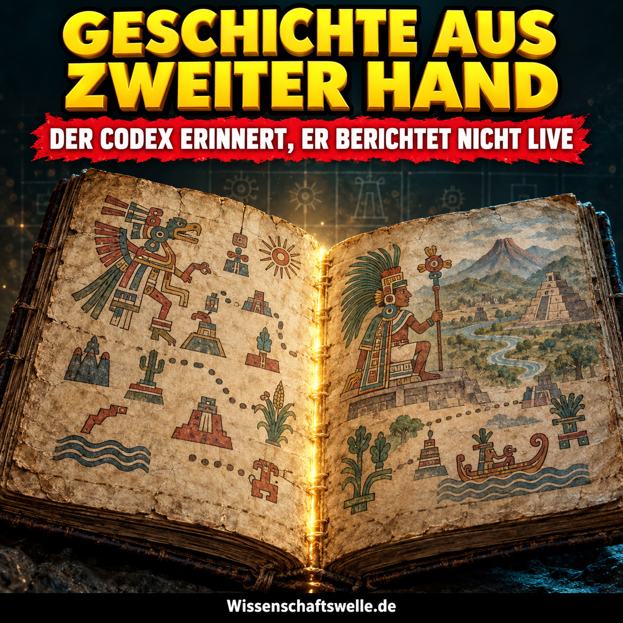 Aufgeschlagener Codex mit pictografischen Figuren, geteilt durch eine leuchtende Zeitnaht; darüber die Headline Geschichte aus zweiter Hand.