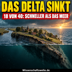 Symbolisches Flussdelta mit Häusern: Eine Landzunge senkt sich am Meer; gelbe Headline und rotes Banner benennen die untersuchte Bodensenkung.