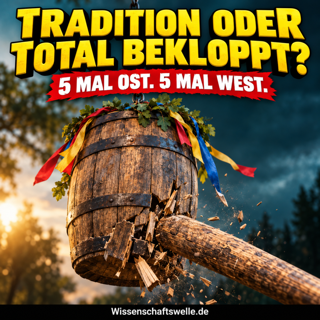 Symbolische KI-Illustration eines geschmückten Holzfasses, das von einem Holzknüppel getroffen wird. Covertext: Tradition oder total bekloppt? 5 mal Ost. 5 mal West.