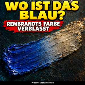 Symbolische Nahaufnahme eines reliefartigen Farbstrichs, der von Blau in Graubraun übergeht. Gelbe Headline: WO IST DAS BLAU? Roter Banner: REMBRANDTS FARBE VERBLASST.